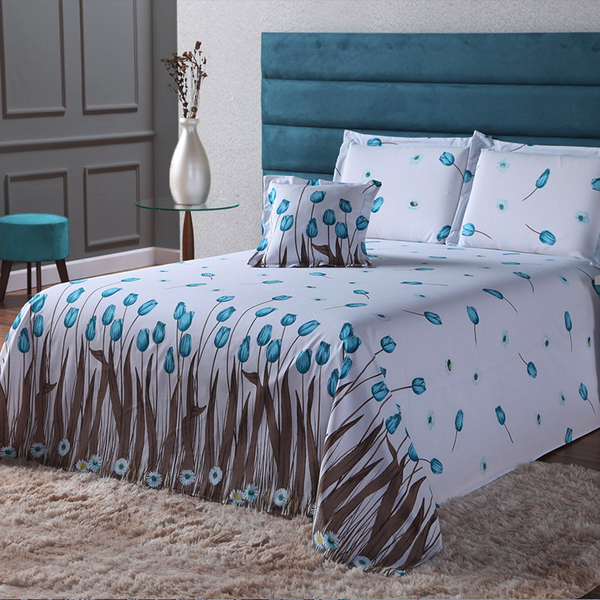 Cobre Leito Floral 5 Pçs Queen Branco E Azul Casen