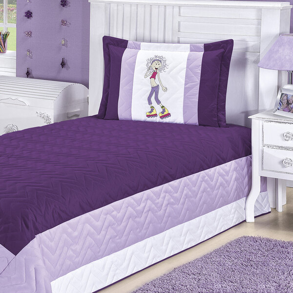 Cobre Leito Infantil Menina Roxo Matelado Bordado 2 Peças