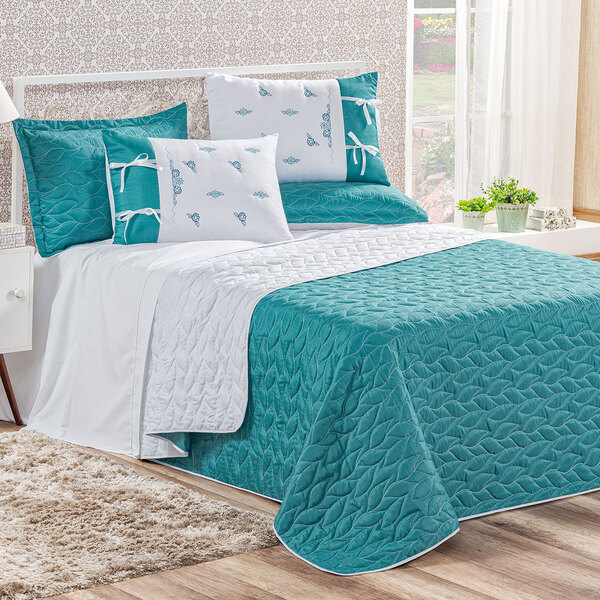 Cobre Leito King Azul / Branco Dupla Face + Jogo De Cama - 9