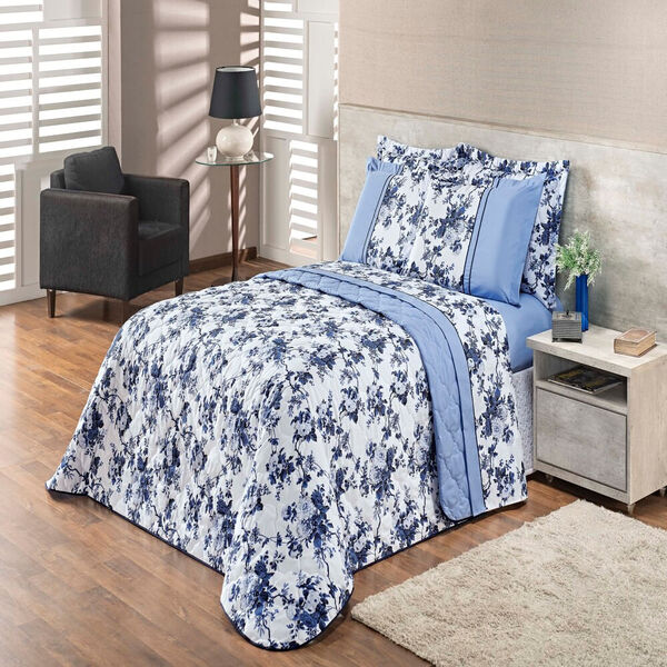 Cobre Leito King Valentina Floral Azul Enxovais Aquarela 3 Pe