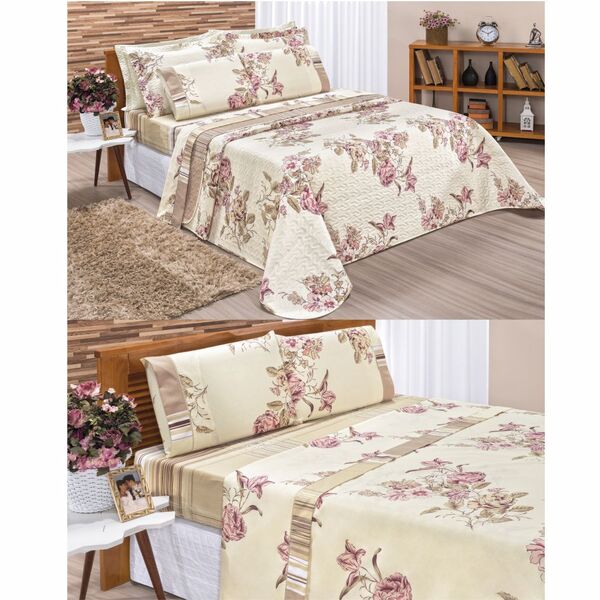 Cobre Leito Magnifik Solteiro + Lençol 5 Peças  - Floral Palha