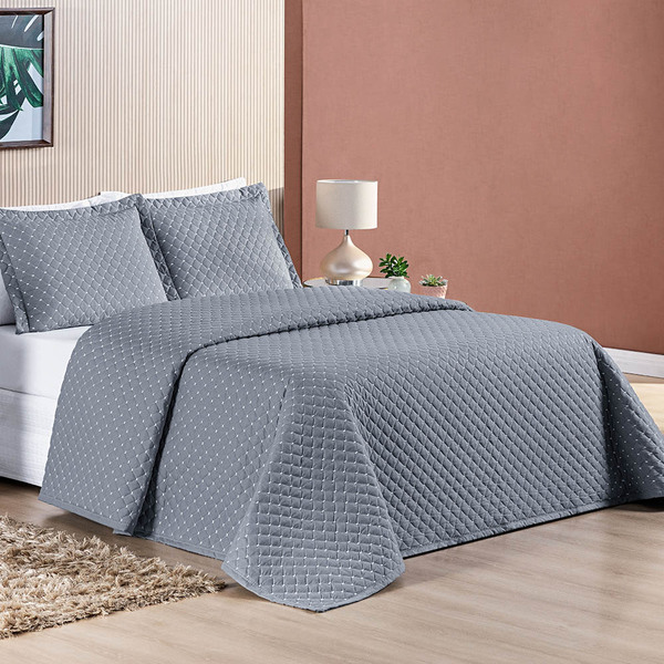 Cobre Leito Prático King Dupla Face 3 Peças - Cinza - 100% Po