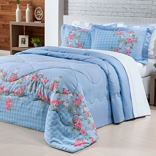 Cobre Leito Queen Azul Claro Estampado Floral Percal 200 Fios