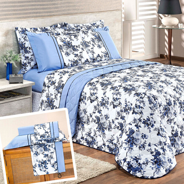 Cobre Leito Queen Azul Floral Estampado Dupla Face + Jogo De