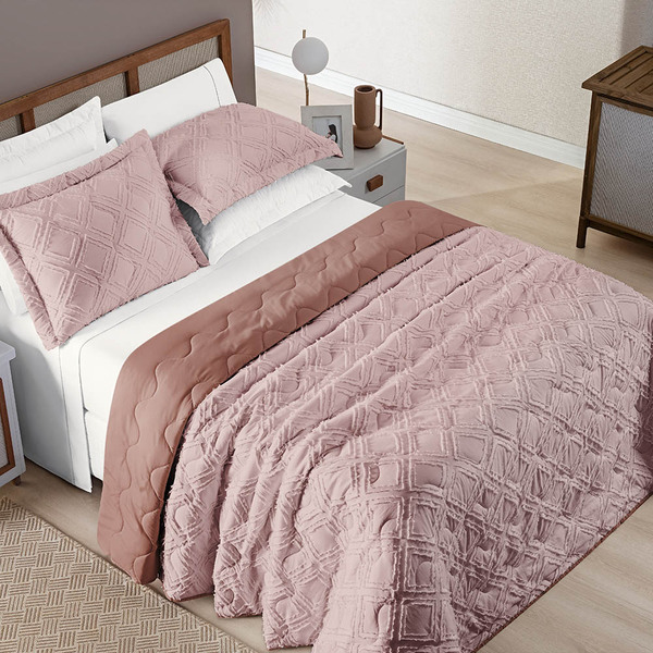 Cobre Leito Queen Harmonia 3 Peças Dupla Face - Rosê - 100% P