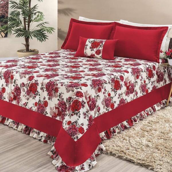 Cobre Leito Queen Julia Percal 180 Fios 5 Pçs - Vermelho