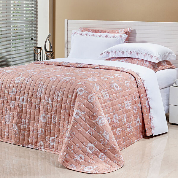Cobre Leito Queen Size Floral Salmão Micro Percal Peletizado