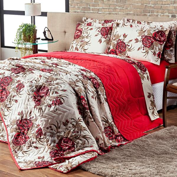 Cobre Leito Siena Floral Vermelho Dupla Face Queen 03 Peças -