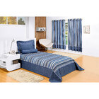Cobre Leito Solteiro Azul Listrado 5 Peças + Cortina