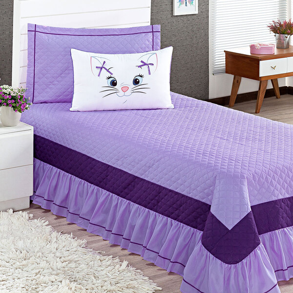 Cobre Leito Solteiro Feminino Lilas Gatinha 4 Peças Com Almof