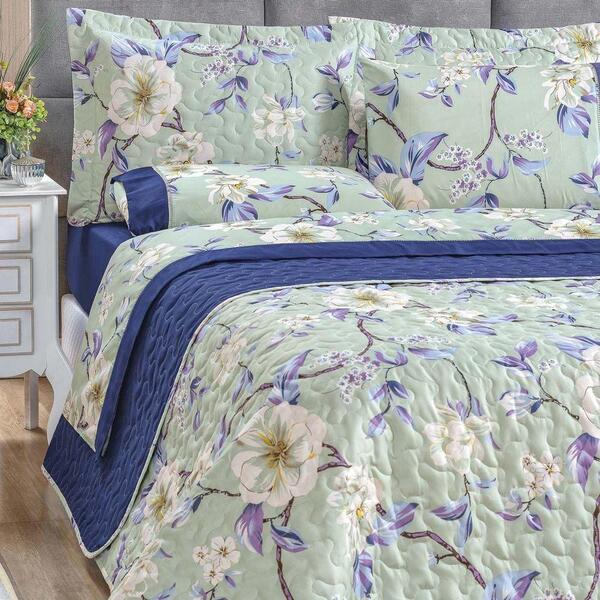 Cobre Leito Solteiro Flores 200 Fios 2 Peças - Azul