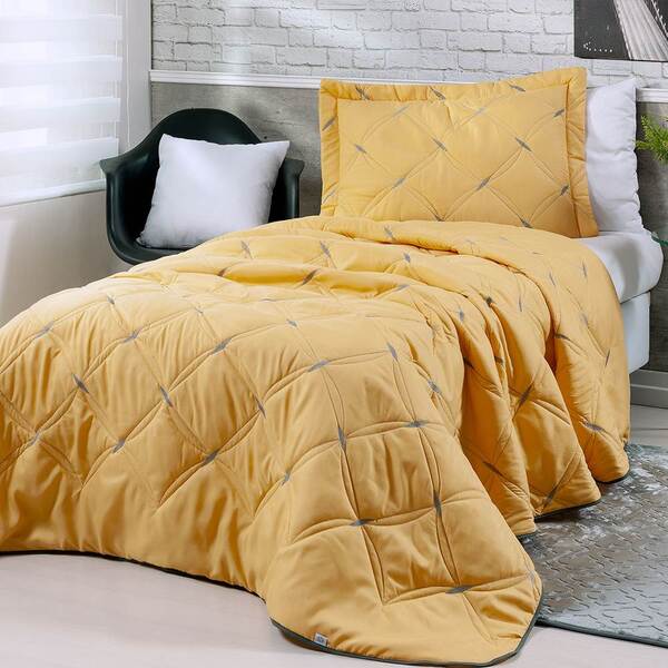 Cobre Leito Solteiro Unique 200 Fios Bordado 2 Peças - Amarelo