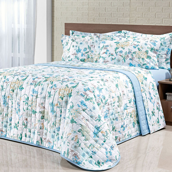 Cobre Leito Tamanho King Floral Azul 200 Fios 100% Algodão +