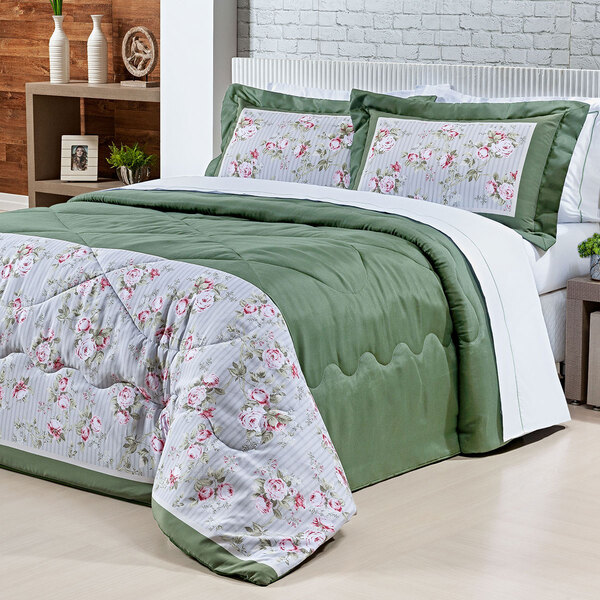 Cobre Leito Verde Estampado Percal 200 Fios 3 Peças King Size