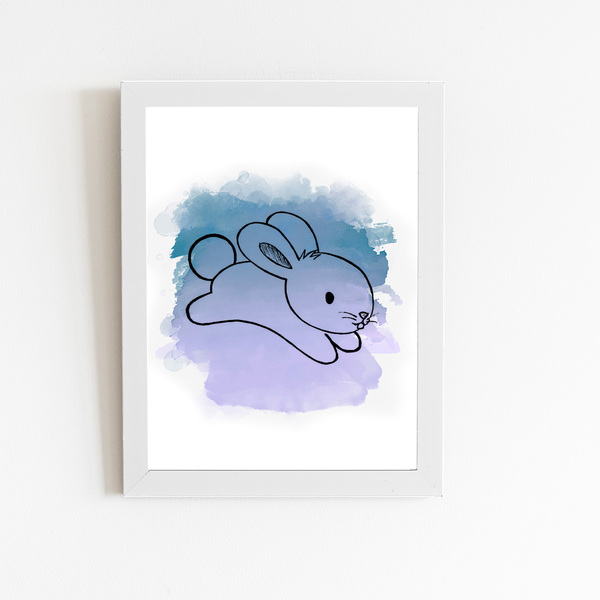 Coelho Azul Animais Colorido Quadro Moldura Branca 60x40cm