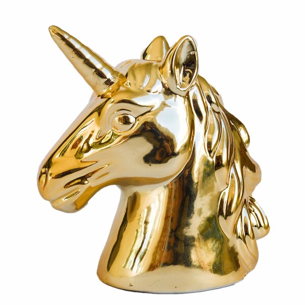 Cofre Busto Unicornio Cor Cromado Dourado Decoração 1 Peça