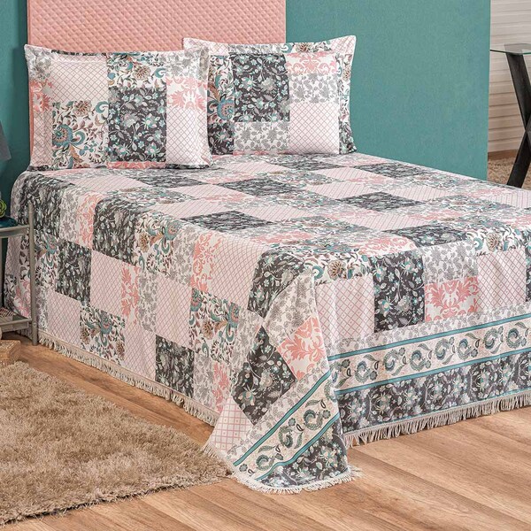 Colcha Belline Tecido Sarja Com Franja Casal Padrão 03 Peças