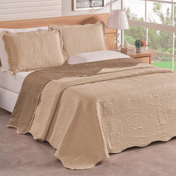 Colcha Bouti Lisa Bege/caqui Casal Padrão Dupla Face 03 Peças