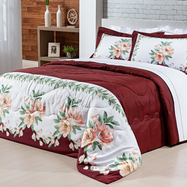 Colcha Casal 200 Fios Percal Peletizado Com Porta Travesseiro