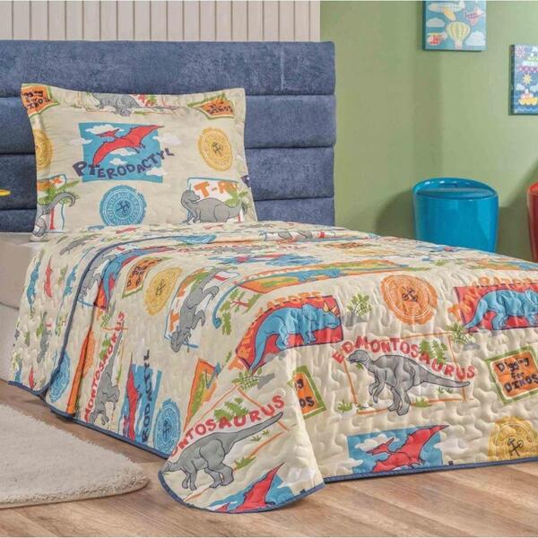 Colcha Cobre Leito Dupla Face Solteiro Infantil 2 Peças Dino
