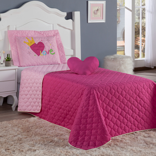 Colcha Cobre Leito Infantil Feminina Solteiro Coração Pink/ro