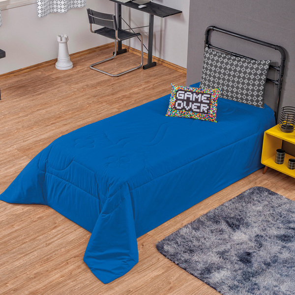 Colcha Cobre Leito Solteiro Infantil Menino Game 4 Peças Azul