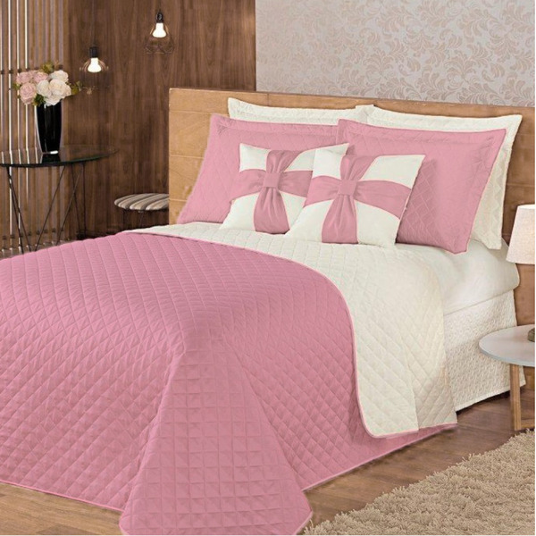 Colcha Com Cobre Leito Essencial Dupla Face Queen 7 Peças Ros