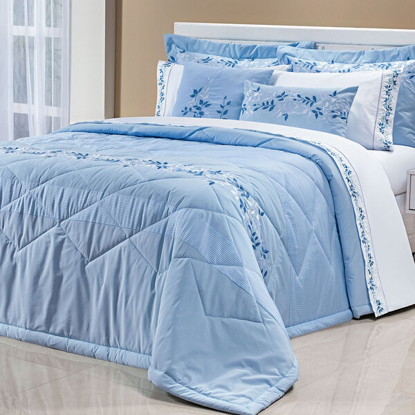 Colcha Londres Super King Azul 100% Algodão 200 Fios 7 Peças