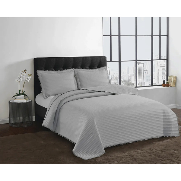 Colcha Matelassê - Solteiro - Pompom - Cinza - C/ Porta Trave