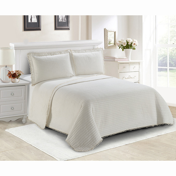 Colcha Matelassê - Solteiro - Pompom - Creme - C/ Porta Trave