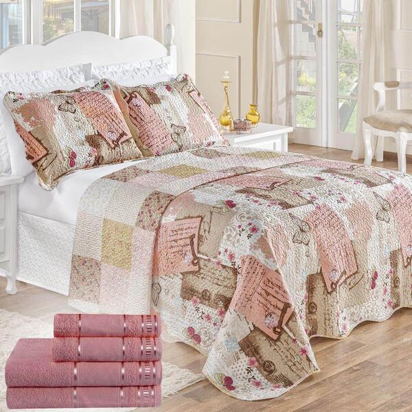 Colcha Queen + Toalhas De Banho 7 Peças Rosê