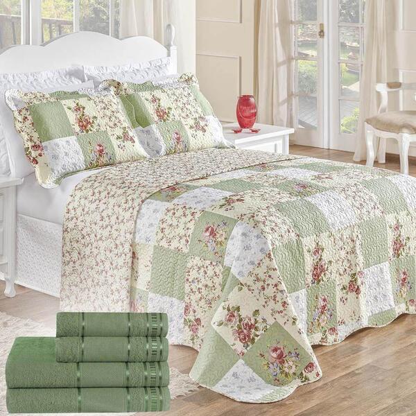 Colcha Queen + Toalhas De Banho 7 Peças Verde