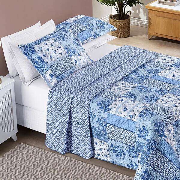 Colcha Queen Bouti Estampada Dupla Face 3 Peças - Azul Sereno