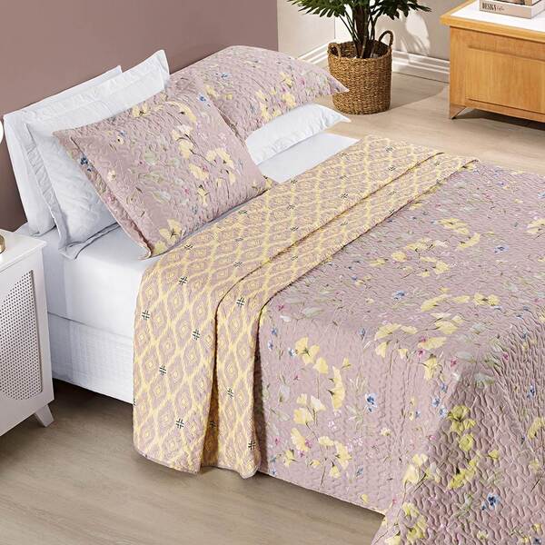 Colcha Queen Bouti Estampada Dupla Face 3 Peças - Lavanda