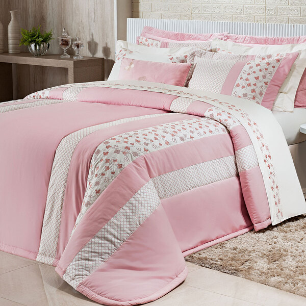 Colcha Super King Rosa Clara 200 Fios 100% Algodão 5 Peças 3,