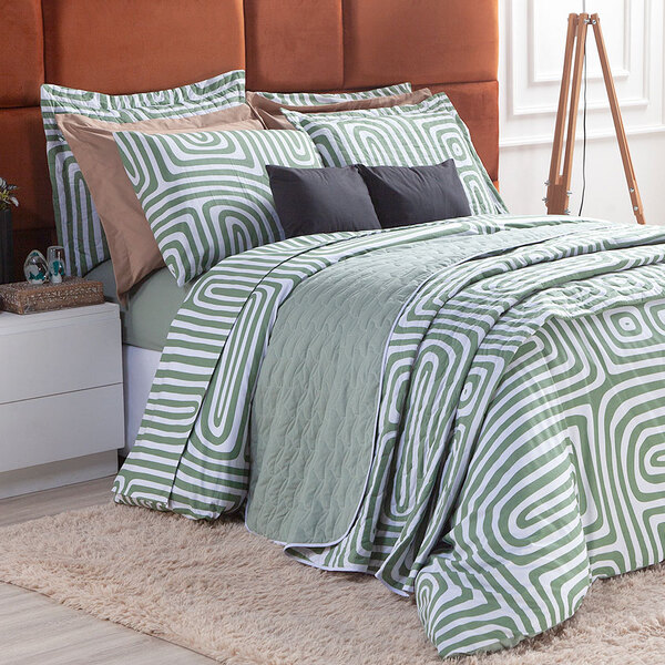 Colcha Tamanho King Size Estampado Geométrico 3 Peças 100% Al