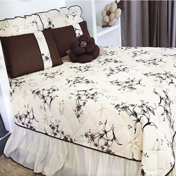 Colcha Tecido Algodão Floral Queen 08 Peças - Tabaco