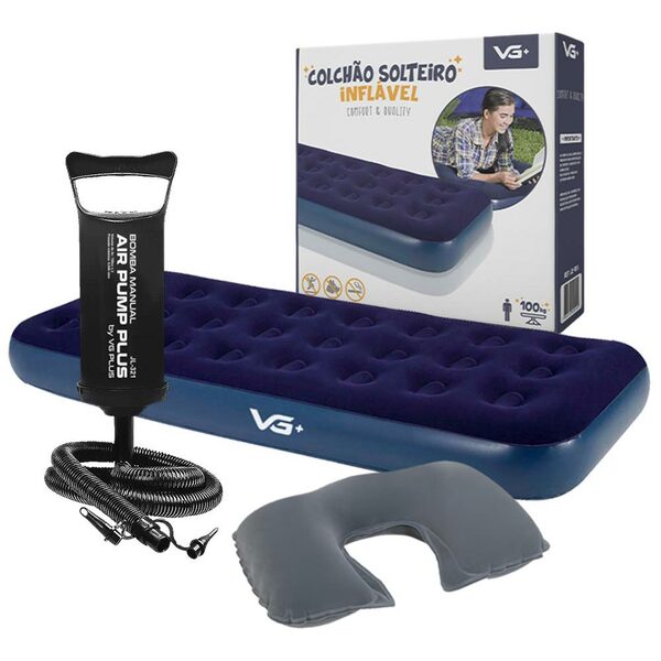 Colchão Solteiro Inflável Com Bomba Manual E Travesseiro Pesc
