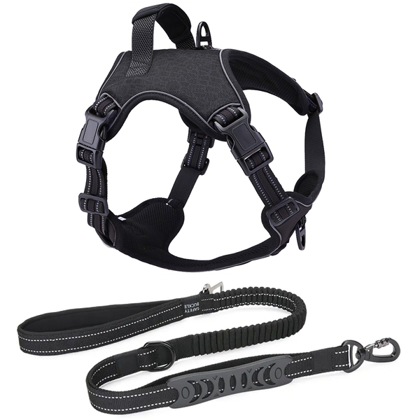 Coleira Peitoral Antipuxão Madog Power Preta + Guia Elástica P