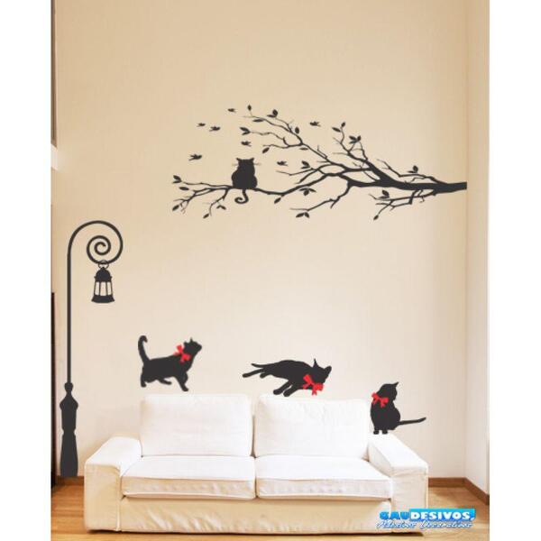 Combo Adesivo Decorativo De Parede Poste E Gatos E Galho