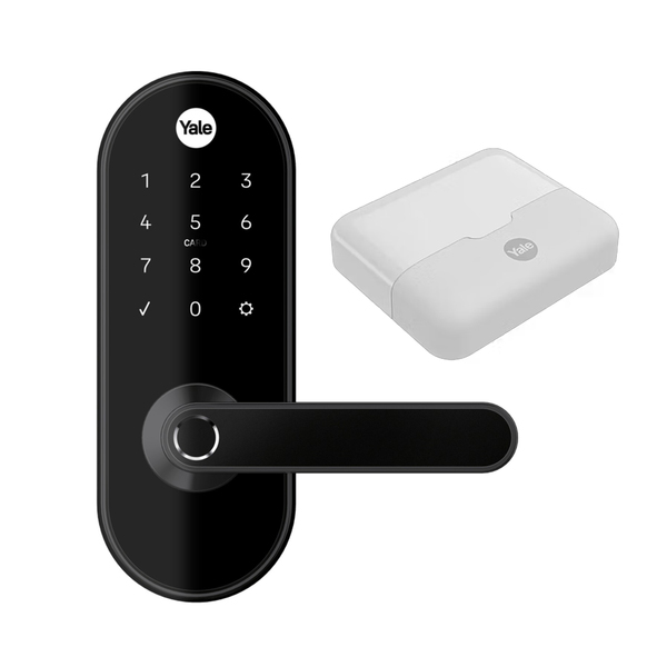 Combo Fechadura Digital Yale Senha Biometria Tag YMC 420W Resistente à Água Preta Fosco de Embutir