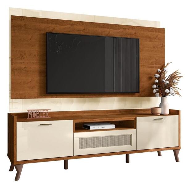 Combo Painel + Rack Bancada Tv Nature/off White Rafia 1.8