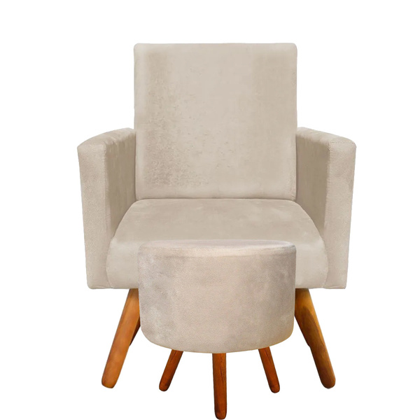 Combo Poltrona Decorativa Nina Com Puff Redondo Pés Madeira S