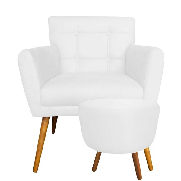 Combo Poltrona Decorativa Onix Com Puff Redondo Pés Madeira C