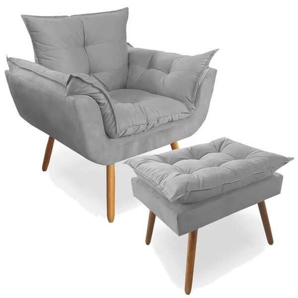Combo Poltrona Decorativa Opala Deluxe Com Puff Suede Cinza