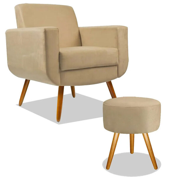Combo Poltrona Para Sala De Tv Cristal Com Puff Redondo Suede