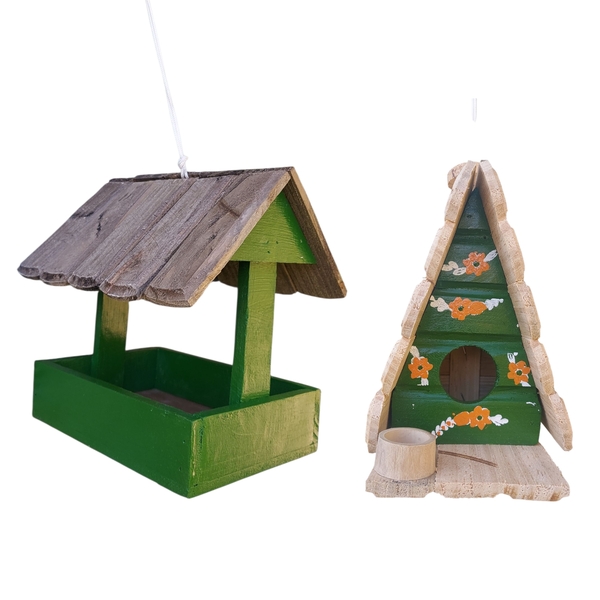 Comedouro E Chalé Para Passarinho Feito De Madeira Alimentado