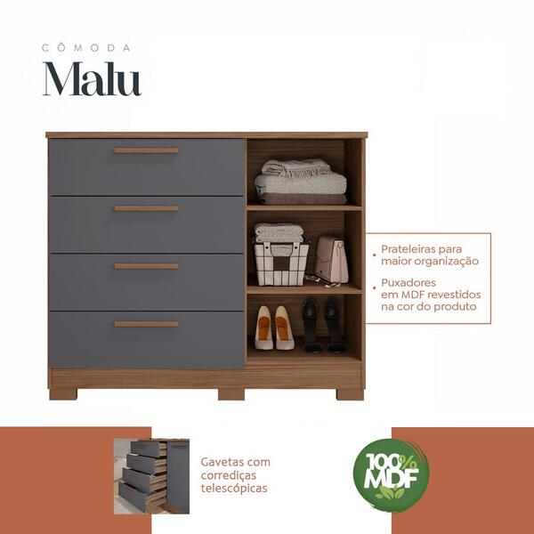 Cômoda 1 Porta 4 Gavetas 100% Mdf Malu Panan Avelã/chumbo