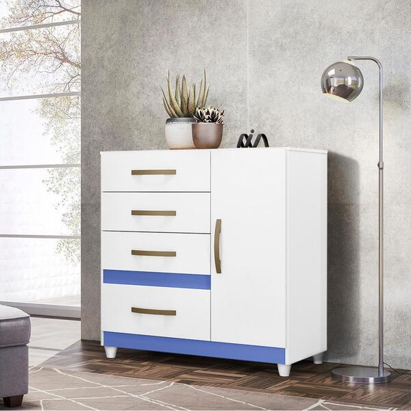 Cômoda 1 Porta 4 Gavetas Branco E Azul Com Pés Vênus Moval