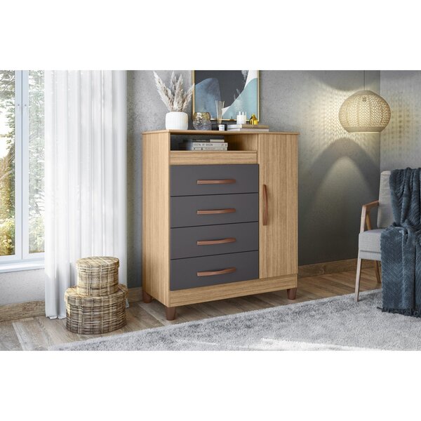 Cômoda 1 Porta 4 Gavetas E 1 Nicho Turquesa  Nature/titanium